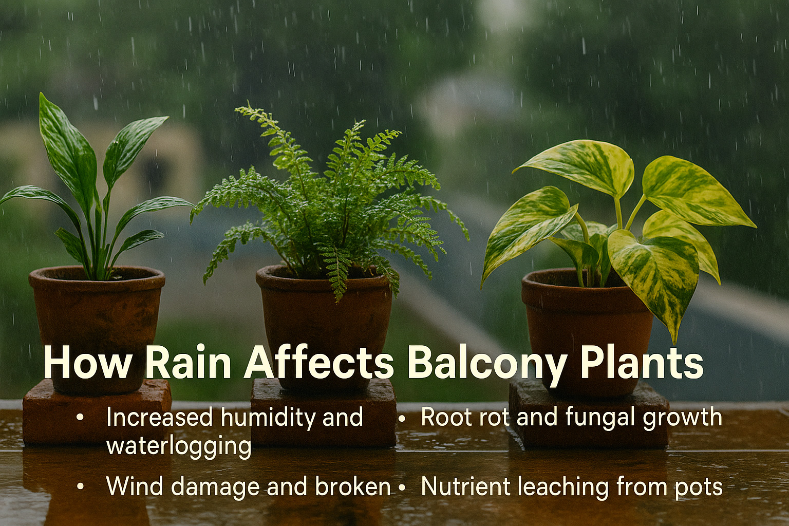 How rain affects balcony plants – waterlogged pots, fungal growth, wind damage and nutrient loss in a rainy Indian balcony garden scene